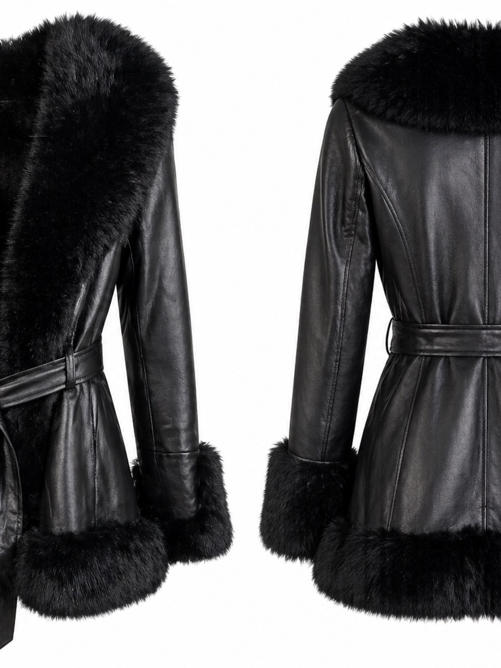 Women’s Black Faux Leather Jacket w/ Faux Fur Trim Belted Coat Size Small